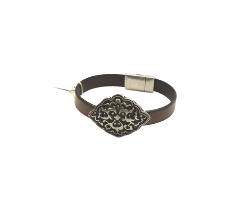 Brown Leather with Diamond Slider Magnetic Bracelet
