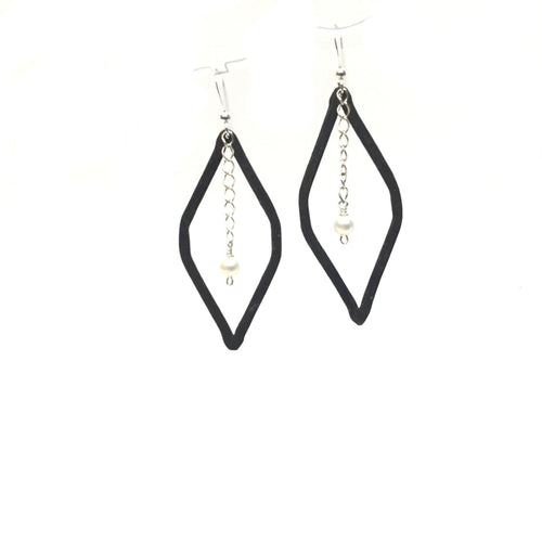 Large Black Diamond Shaped Steel Earrings - With Pearl