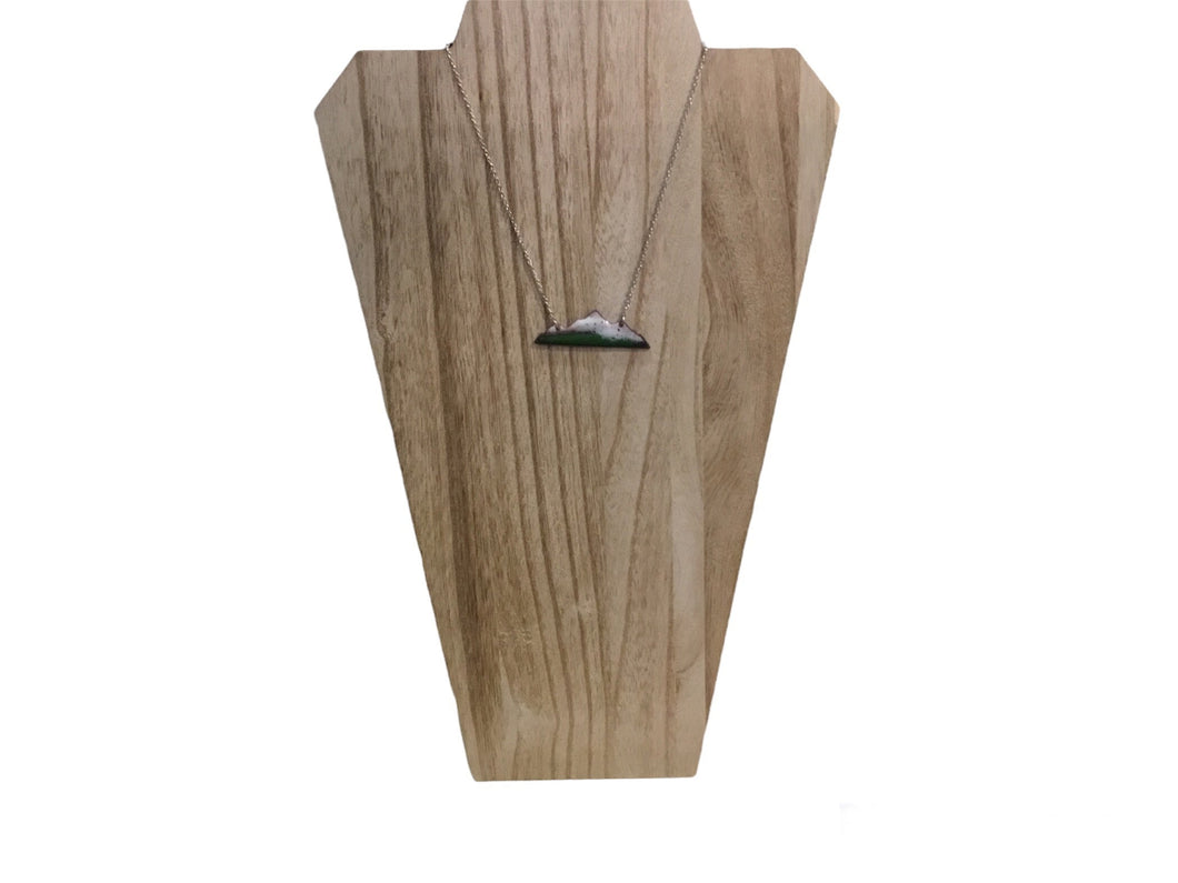 Green and White Enameled mountain necklace- silver chain 16