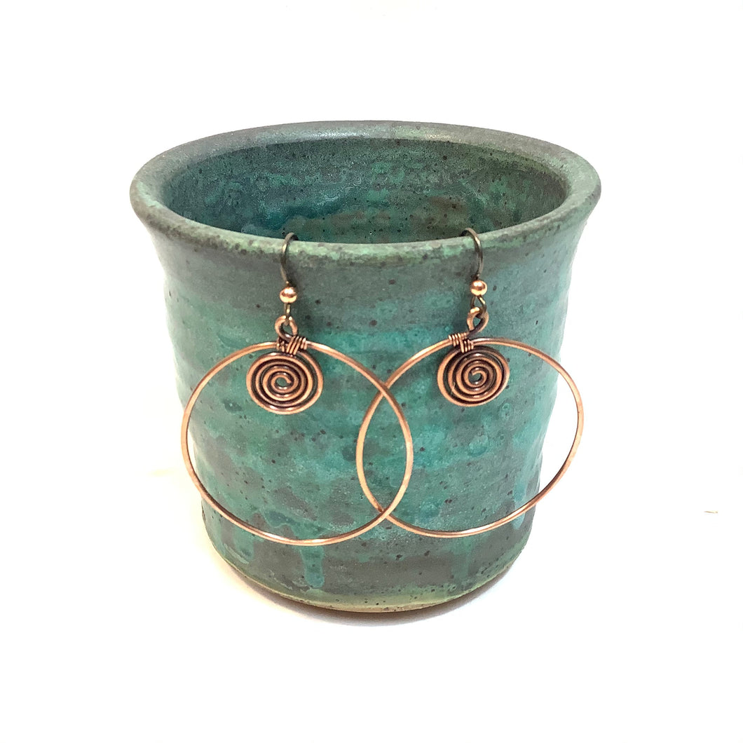 Dangling Hoop Copper Earrings with a Coiled Circle
