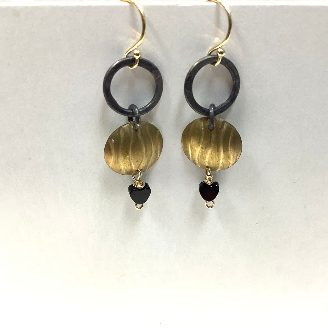 Black and Gold Earrings - Circle with Brass Disc