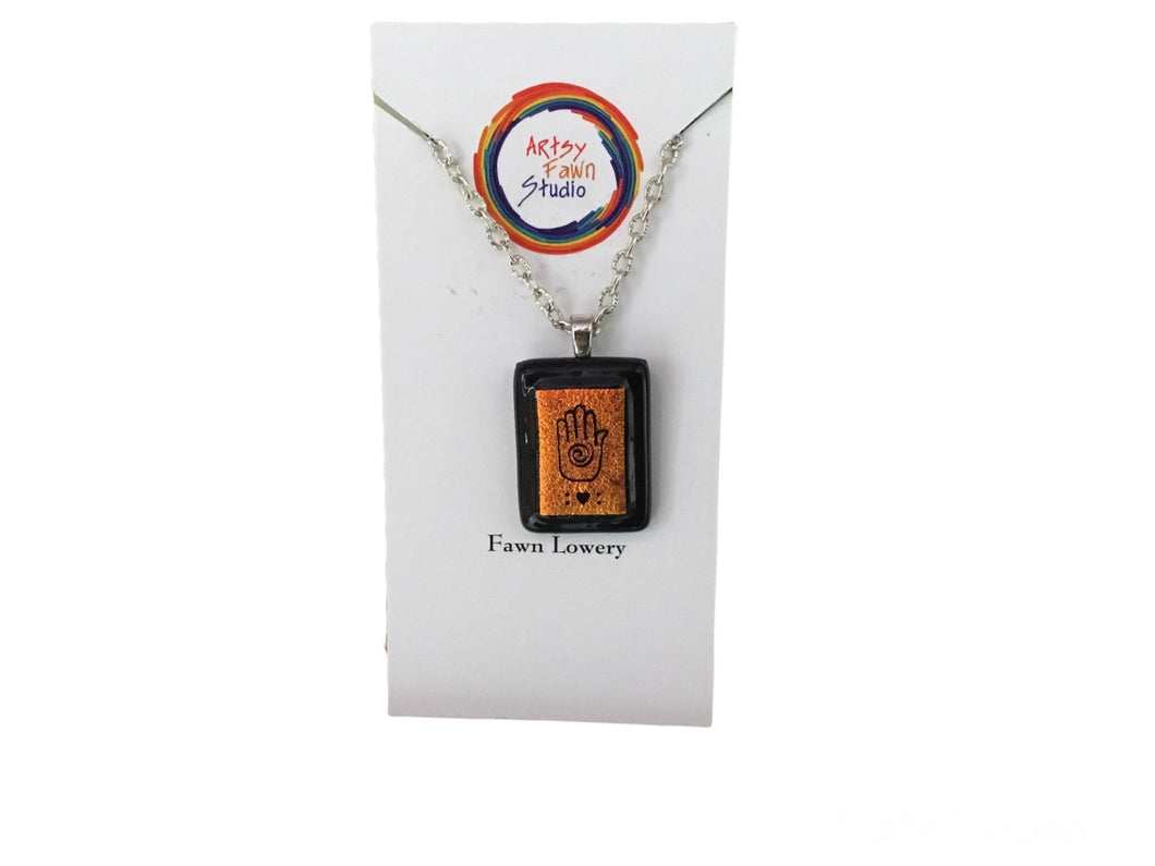 Orange hand dichroic fused glass necklace