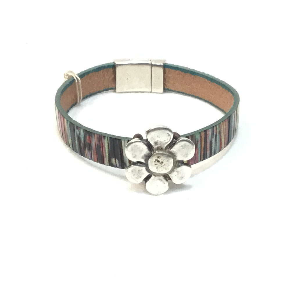 Metallic Bracelet Leather with Silver Flower