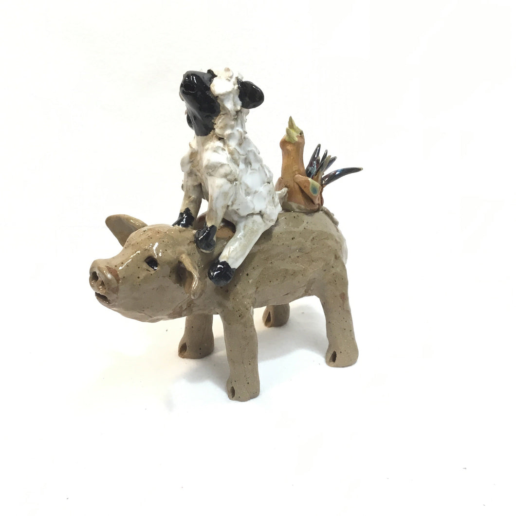 Brown Pig with a Sheep and Chicken Hitching a Ride