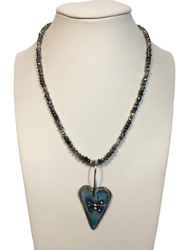 Blue heart with smoky czech glass necklace