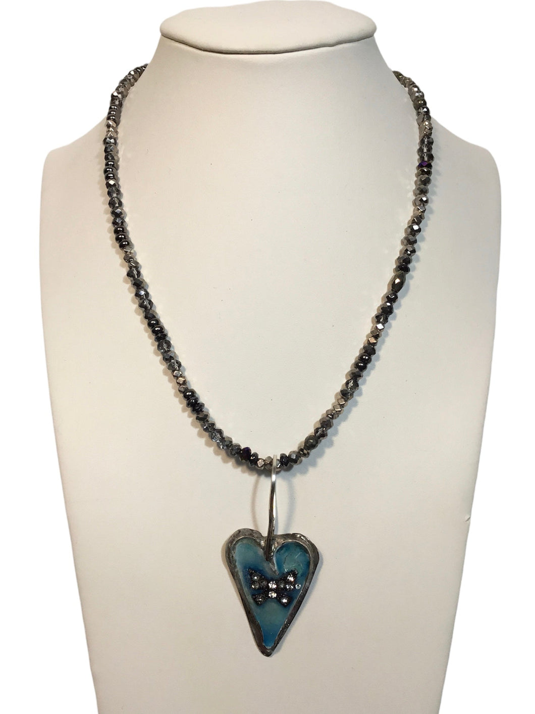 Blue heart with smoky czech glass necklace