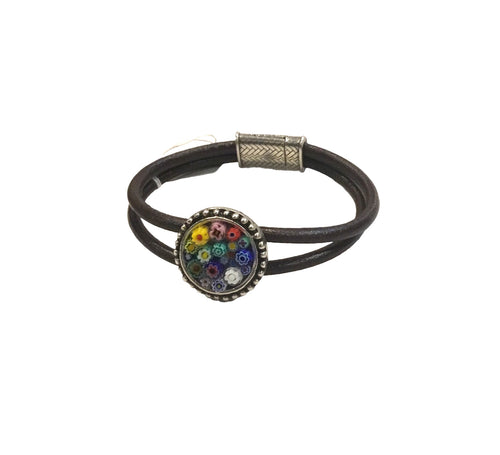 Double Leather Strand Bracelet with Round Millefiori Slider