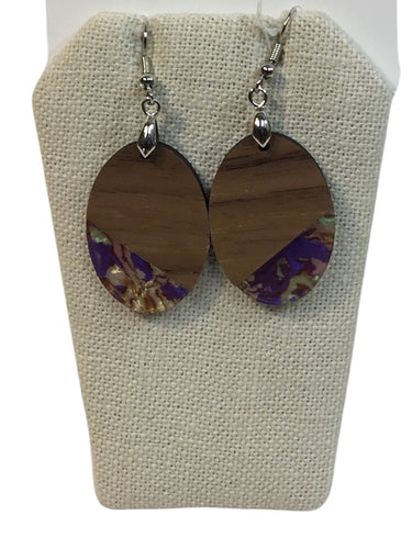 Oval Wood and Purple Stained Glass Earrings