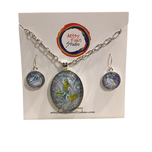 Light blue/purple painted glass necklace/earrings