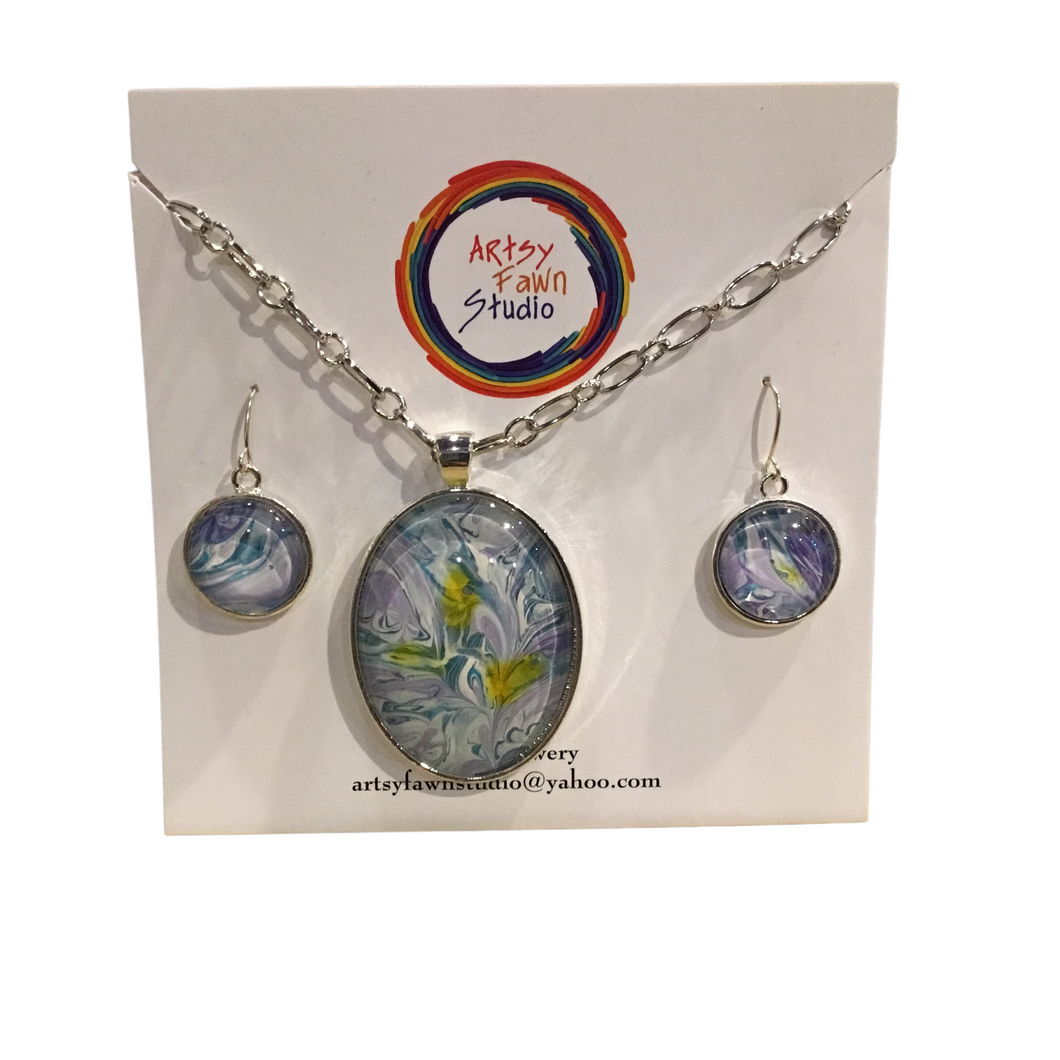 Light blue/purple painted glass necklace/earrings