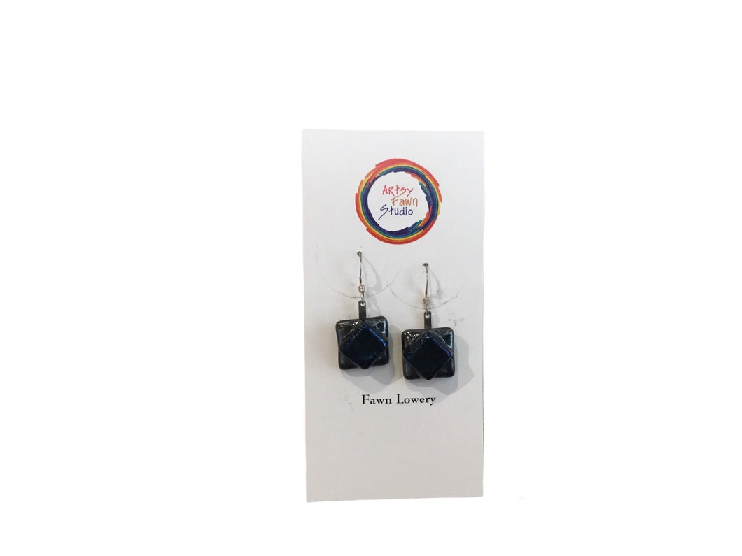 Blue square fused glass earrings