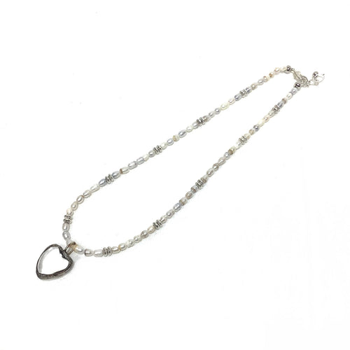 Necklace - Freshwater Pearls and Silver Plated beads with Glass Heart