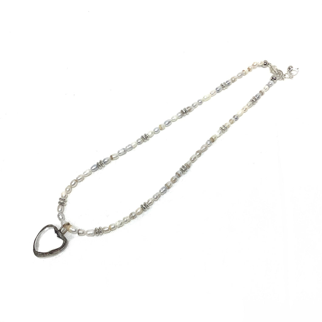 Necklace - Freshwater Pearls and Silver Plated beads with Glass Heart