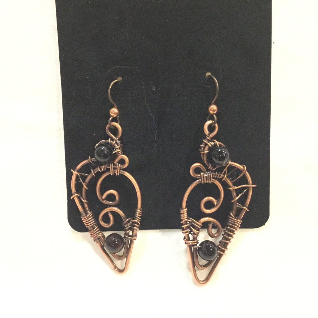 Intricate Teardrop with Black bead Copper Earrings