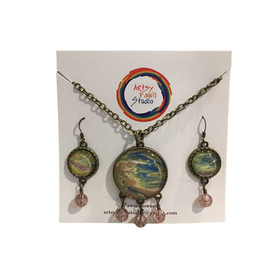 Blue/brown painted glass necklace/earrings