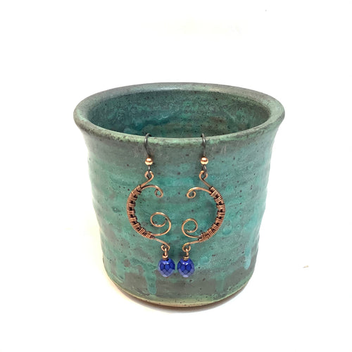 C-Shaped Copper Earrings Coiled with Blue Beads