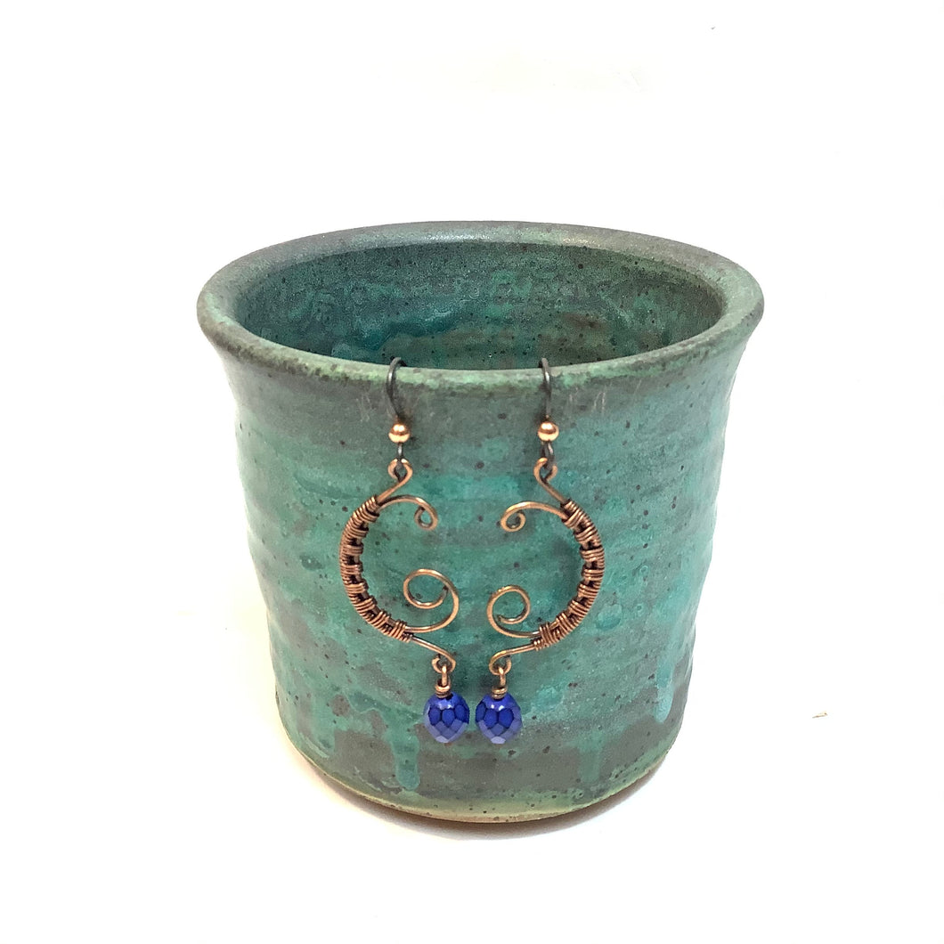 C-Shaped Copper Earrings Coiled with Blue Beads