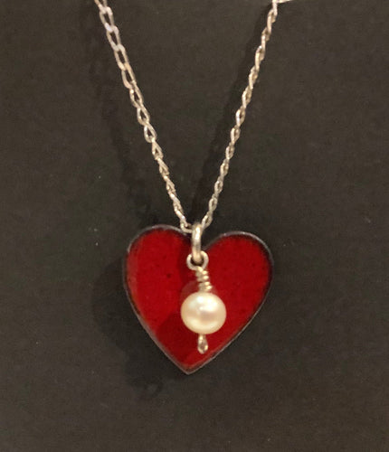 Red Enamel Heart with Pearl Pendant