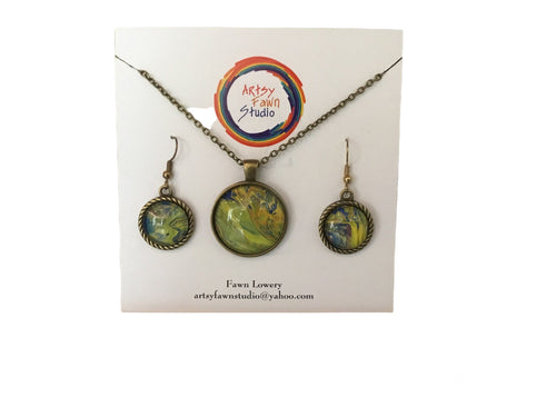 Green/yellow swirl painted glass necklace/earrings