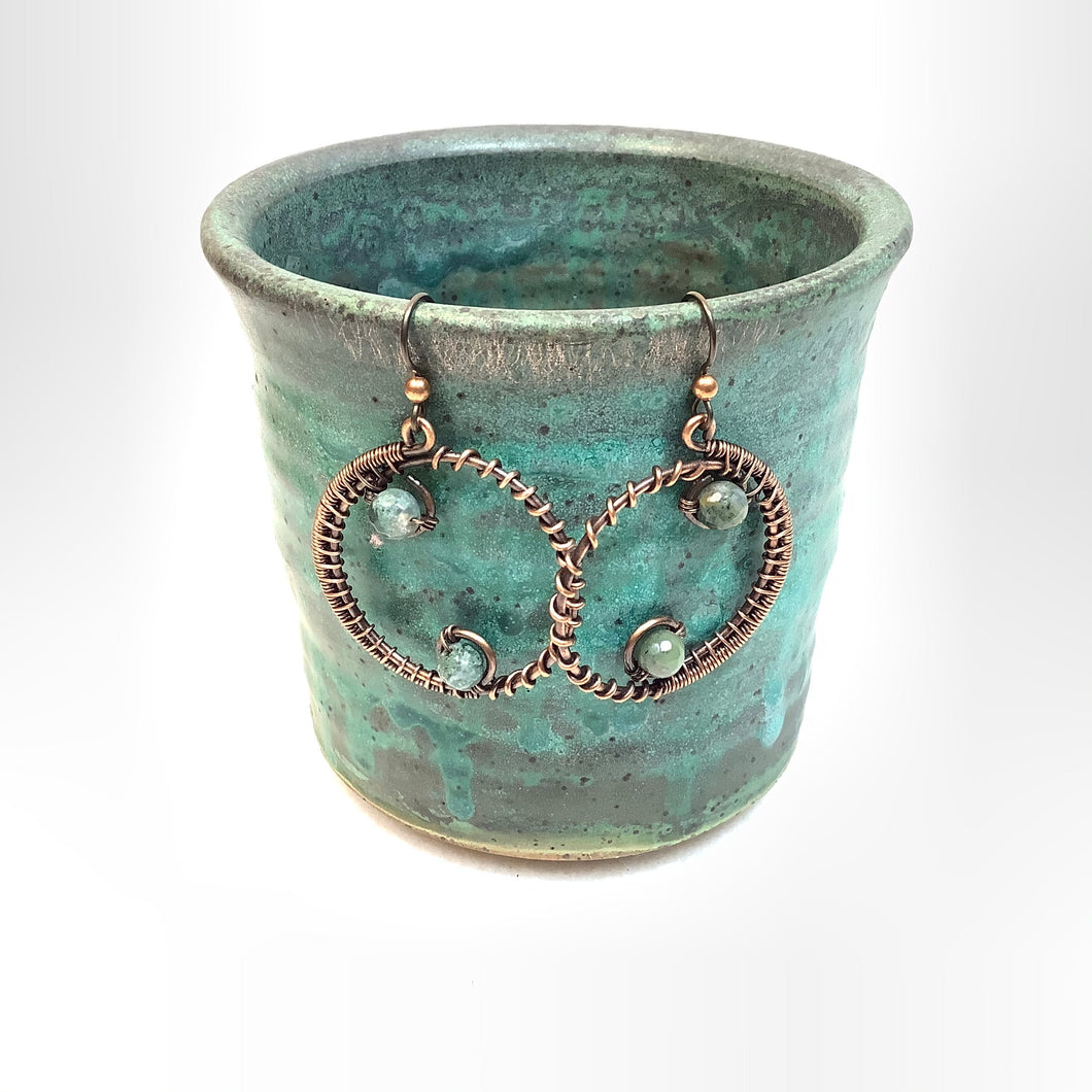 Hoop with double green beads Copper Earrings