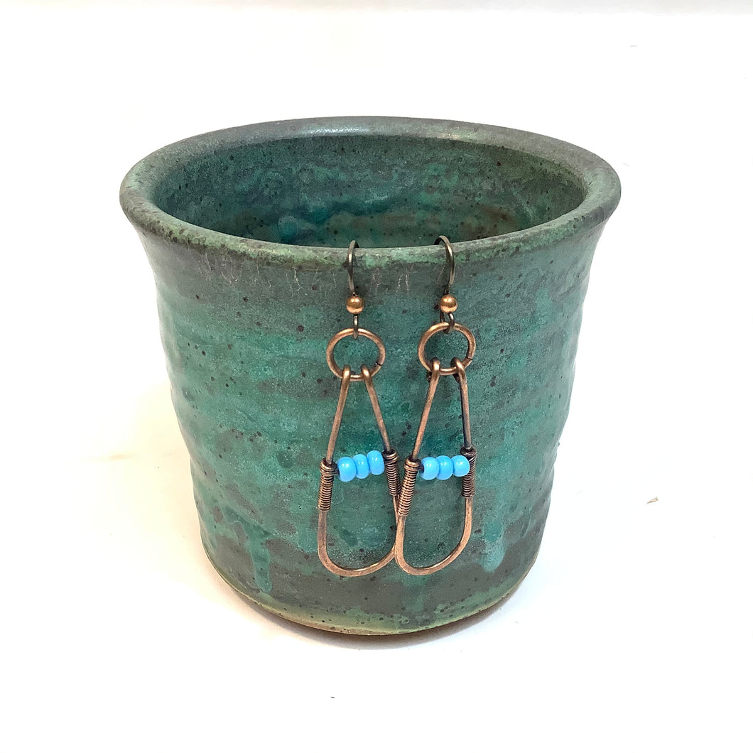 Copper Earrings Coiled with Blue Beads