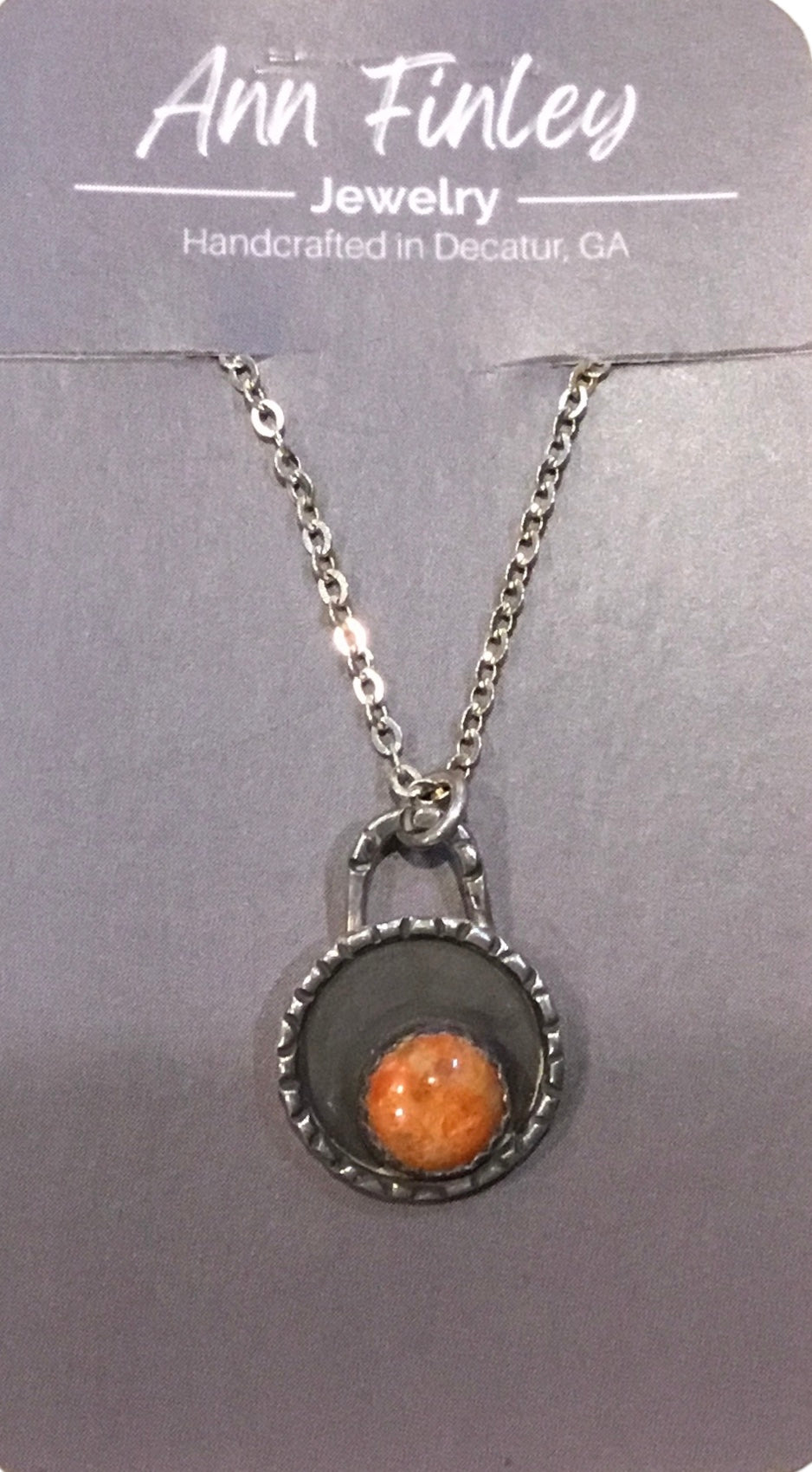 Lock Pendant w/ Orange Stone Sterling Silver Chain