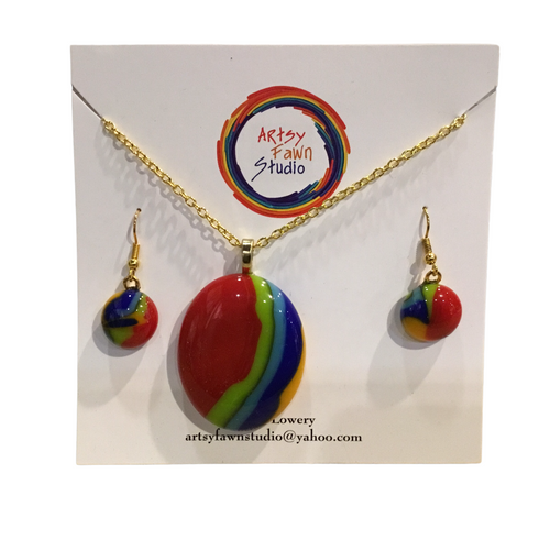 Multicolored Oval fused glass necklace/earrings