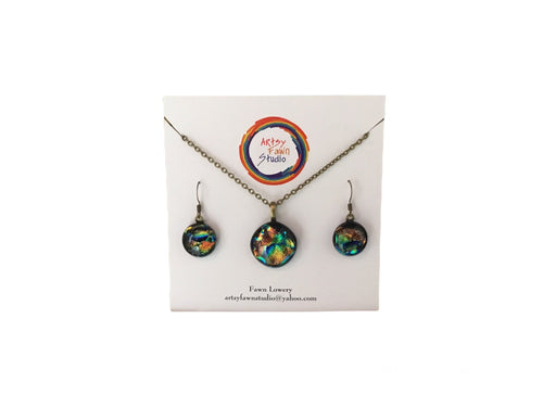 Blue/green stripe dichroic fused necklace/earrings