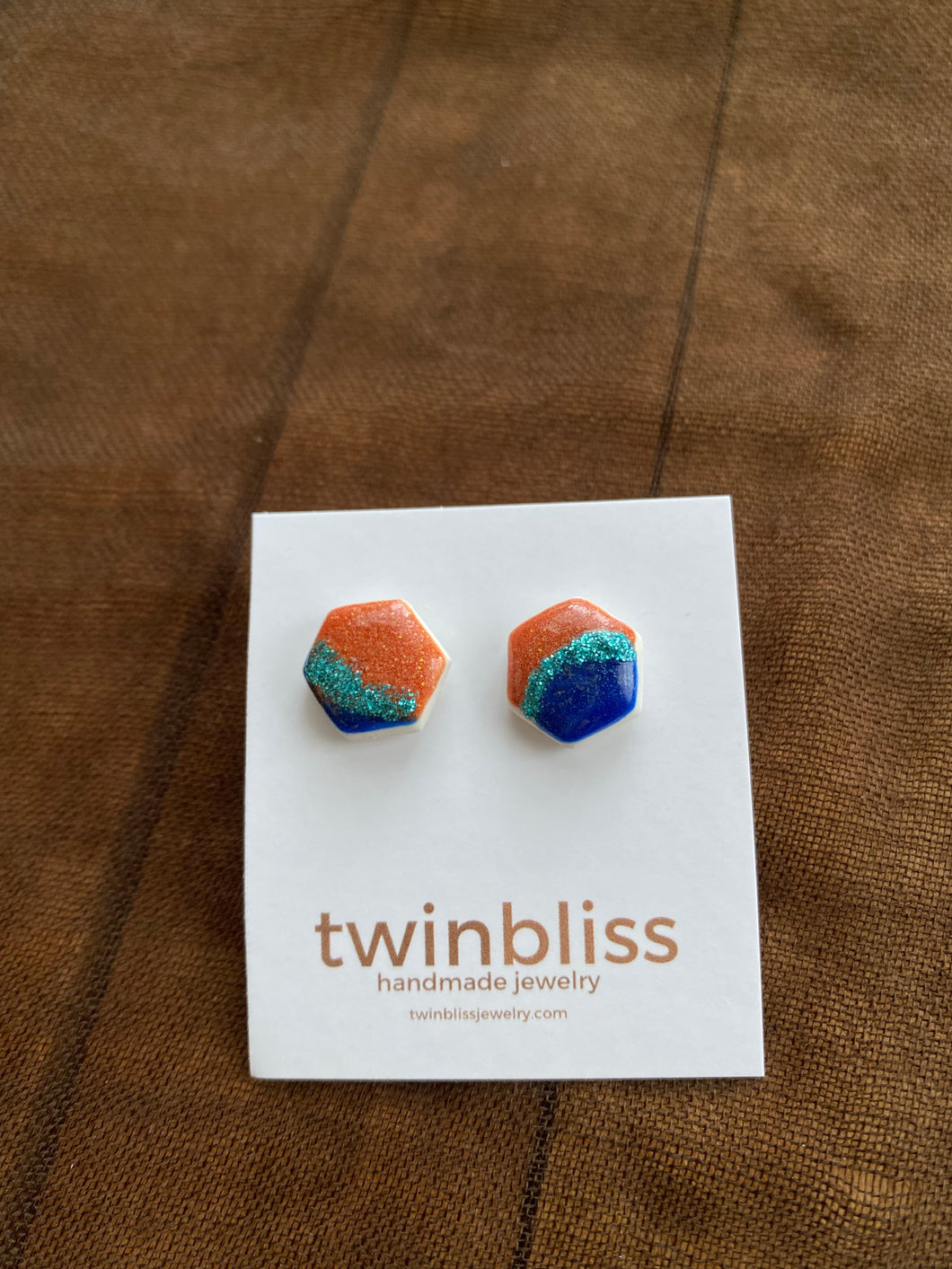 Earth & Sky Artisan Earrings- Blue Copper Small Hexagon (Posts)