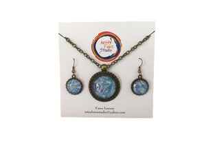 Blue/white swirl pained glass necklace/earrings