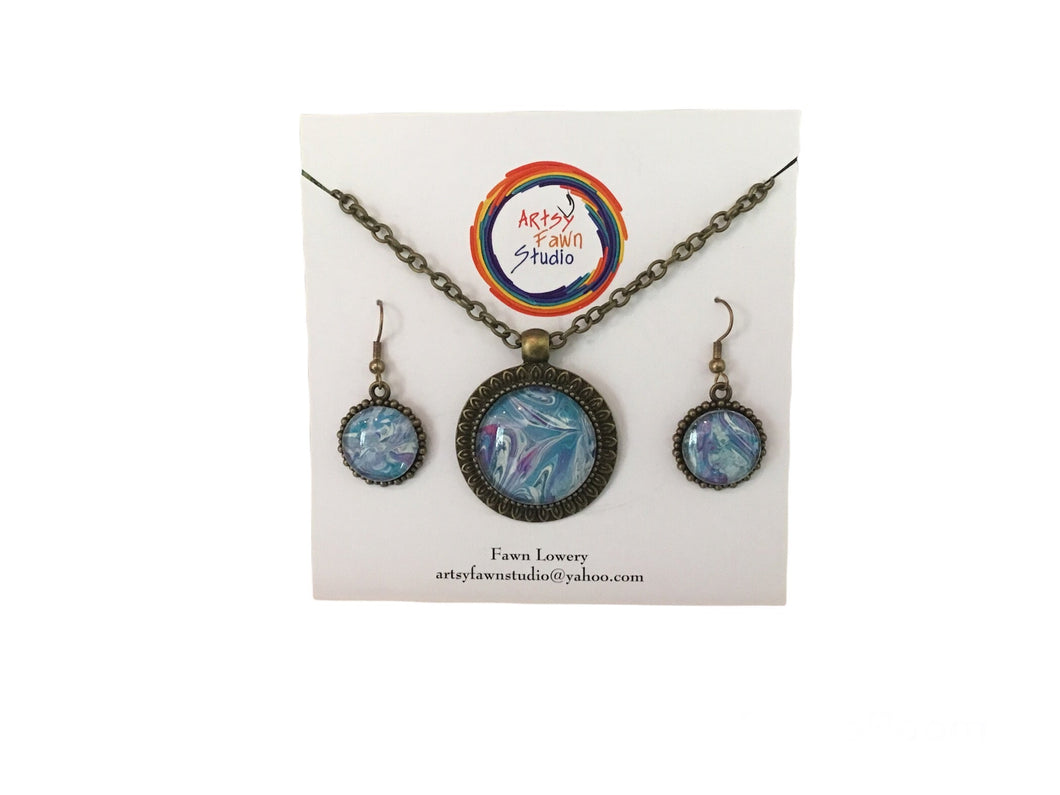 Blue/white swirl pained glass necklace/earrings