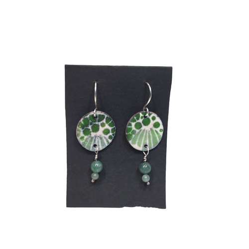 Green and White Enamel Discs with Green Agates Earrings