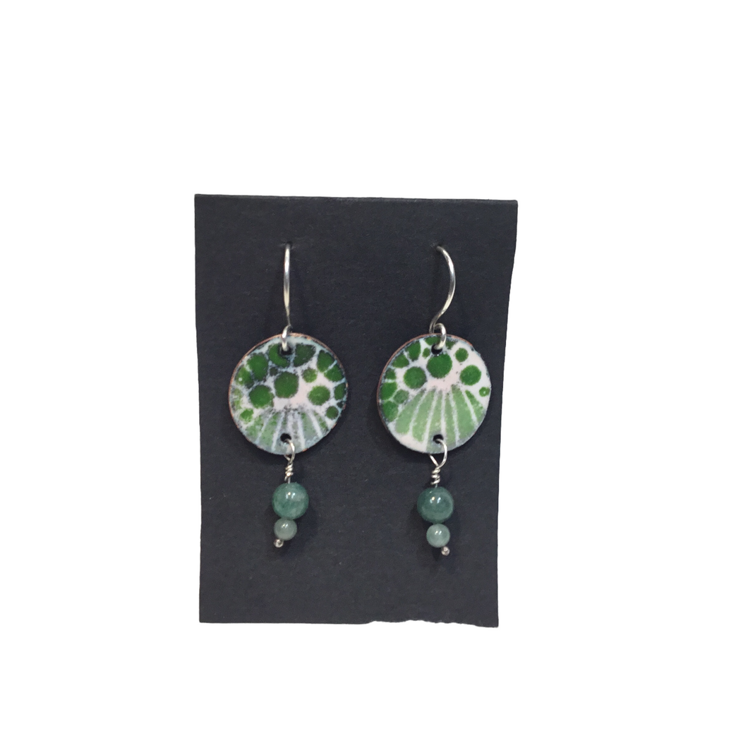 Green and White Enamel Discs with Green Agates Earrings