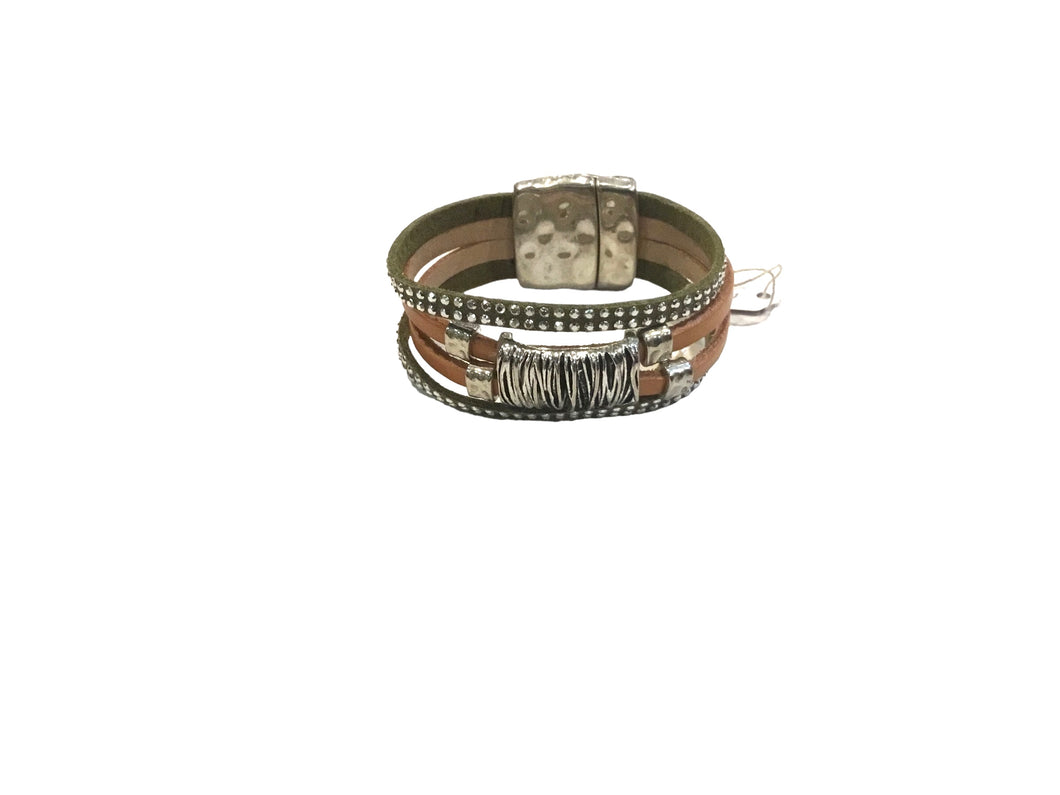 Olive and Natural Leather Bracelet with Silver Basket Slide