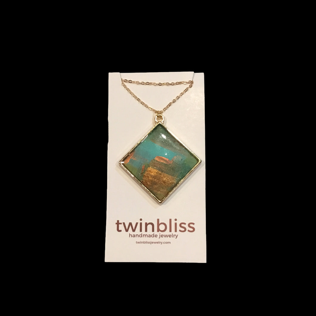 Earth & Sea- Large Gold Abstract Diamond on Gold Chain