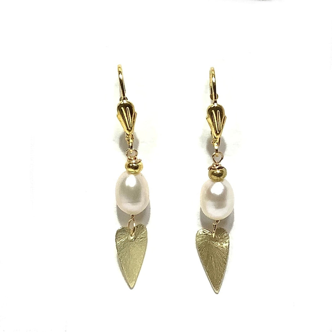 Earrings - French Gold Vermeil Wires with Fresh Water Pearls and Gold Plated Hearts