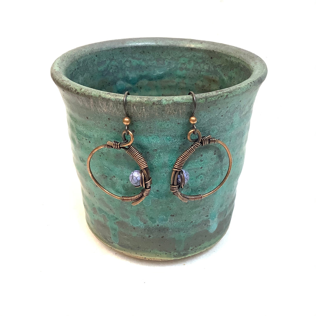 Hoop with light blue crackle bead Copper Earrings