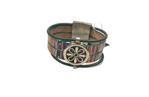 Double Metallic Leather with Flower Slider Bracelet