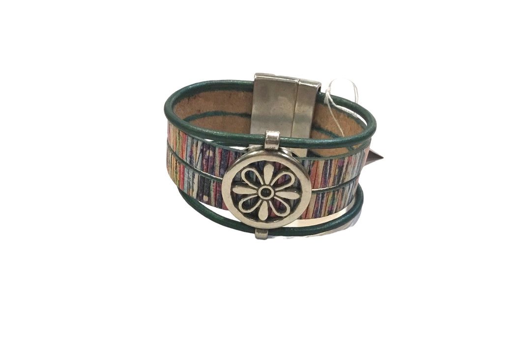 Double Metallic Leather with Flower Slider Bracelet