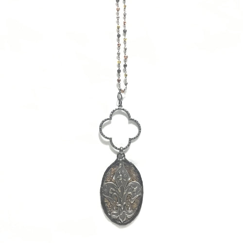 Multi Metal Rosary Chain with Silver Fleur-detis Pendant