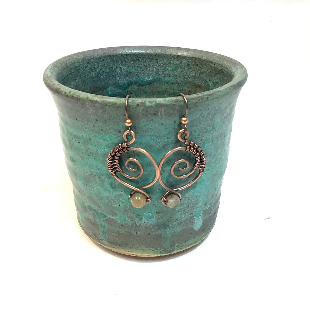 Coil Copper Earrings Coiled with Green Beads