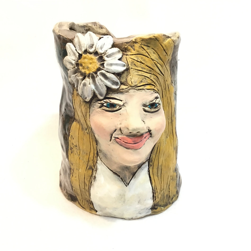 Large Smiling Flower Vase with Daisy in her Hair
