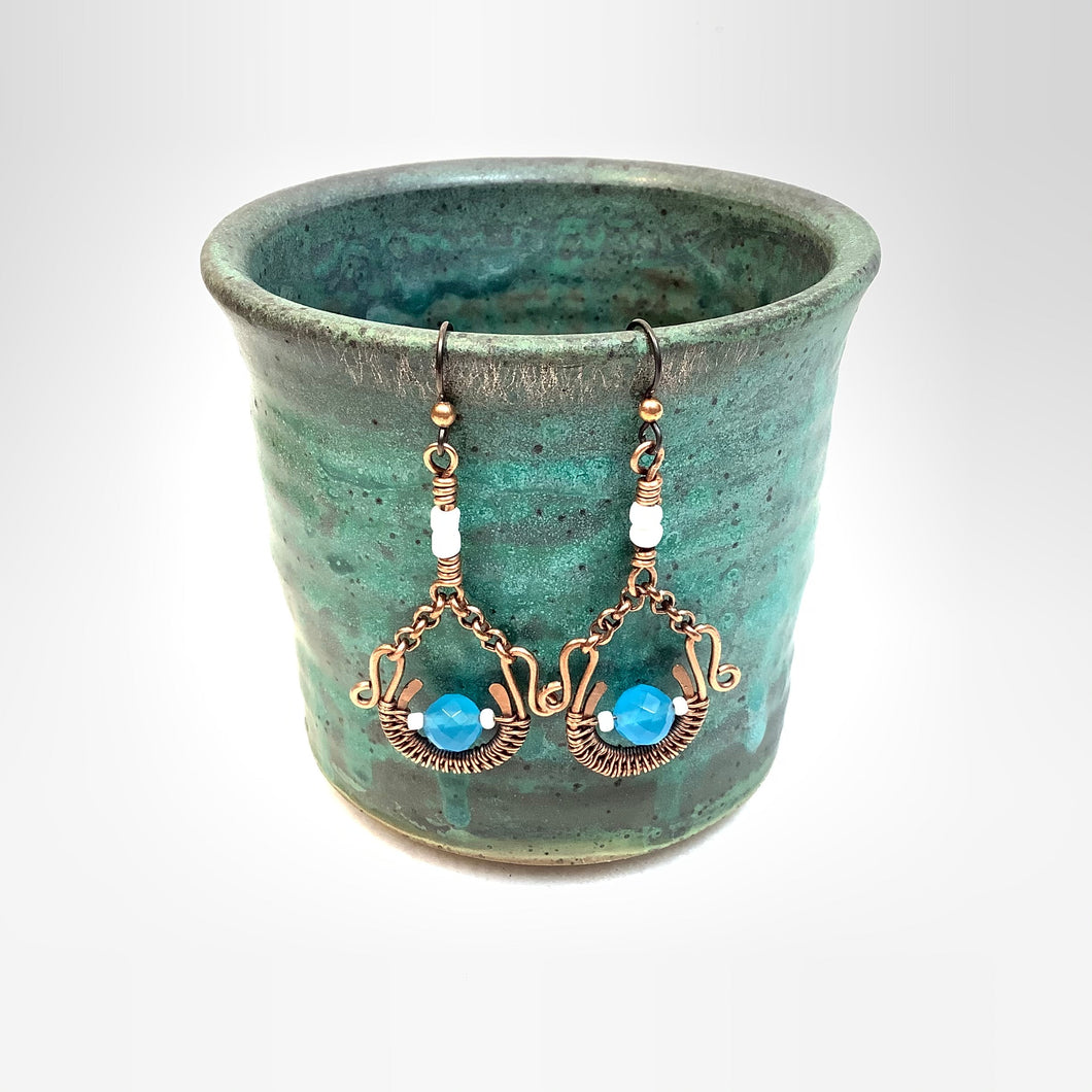 Complex drop with blue and white beads Copper Earrings