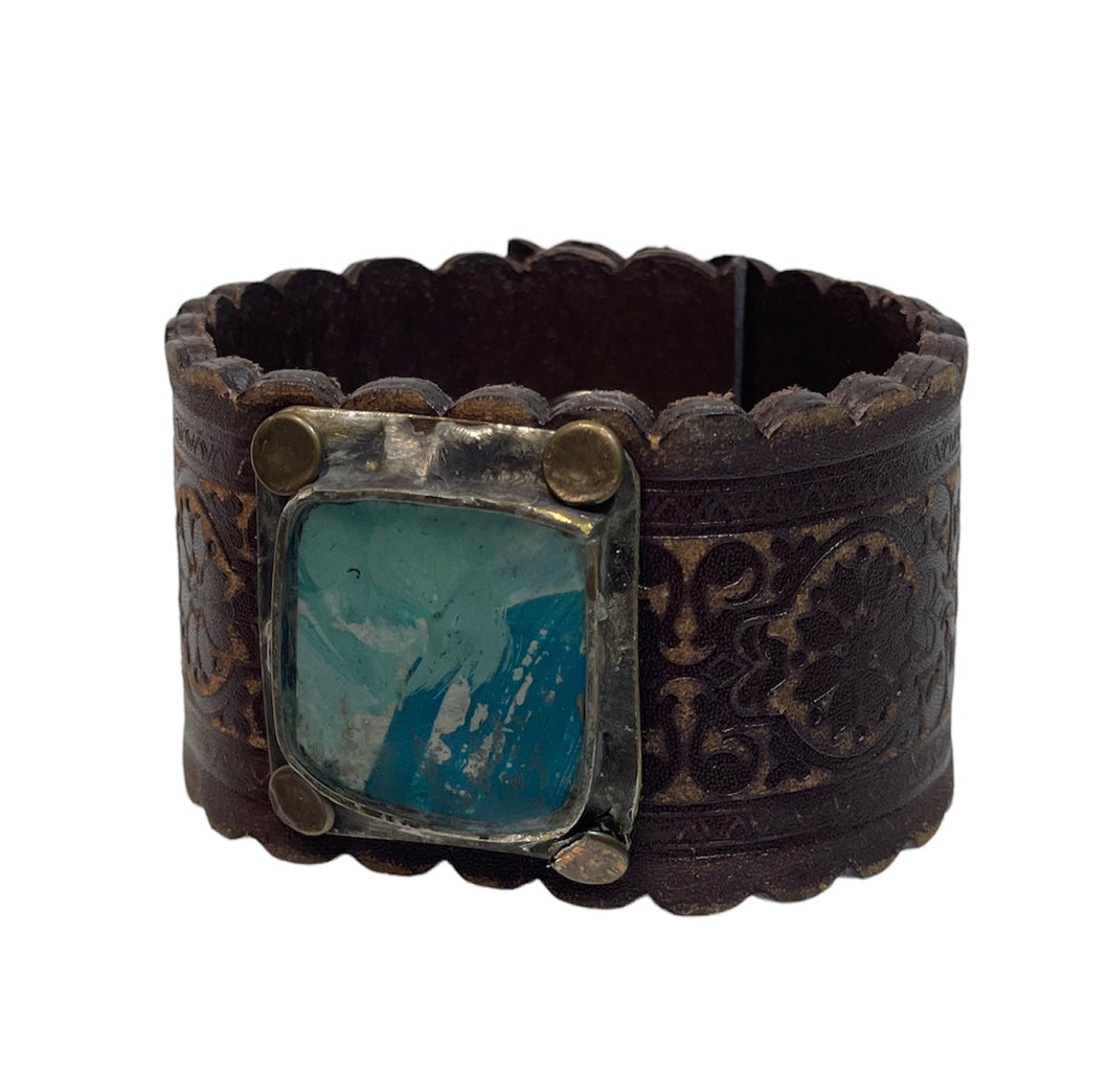 Dark Leather Cuffs with Stone