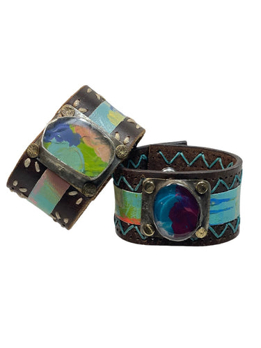 Leather Cuffs with Stone and Stripe