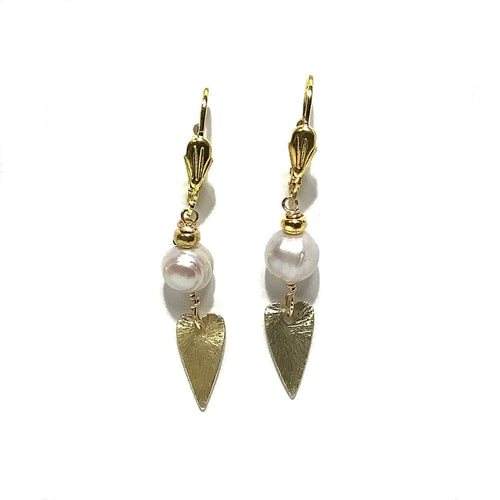 Earrings - French Gold Vermeil Wires with Fresh Water Pearls and Gold Plated Hearts