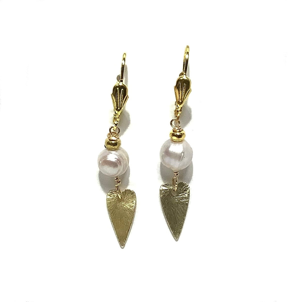 Earrings - French Gold Vermeil Wires with Fresh Water Pearls and Gold Plated Hearts