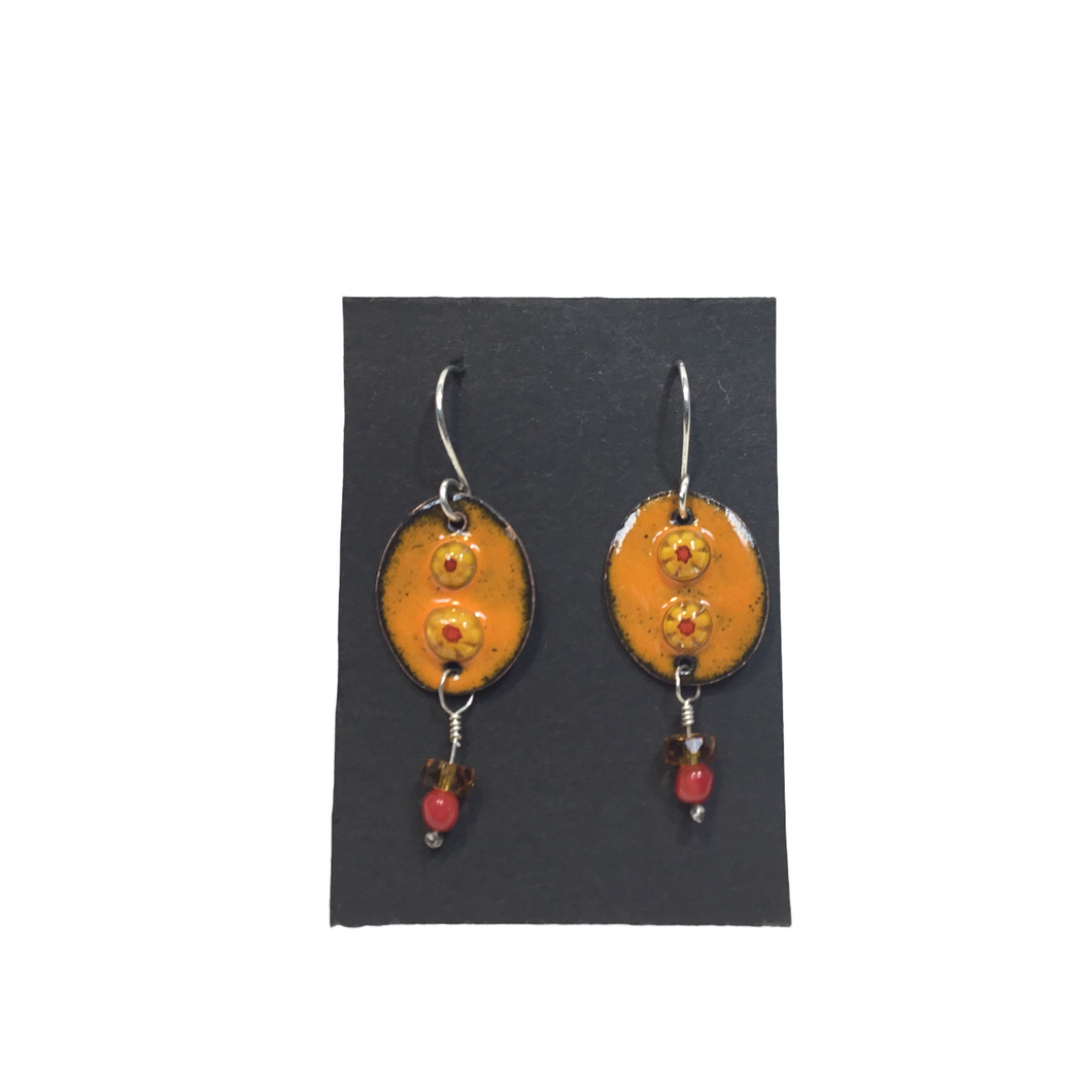 Orange Enamel Ovals with Gold and Red Beads