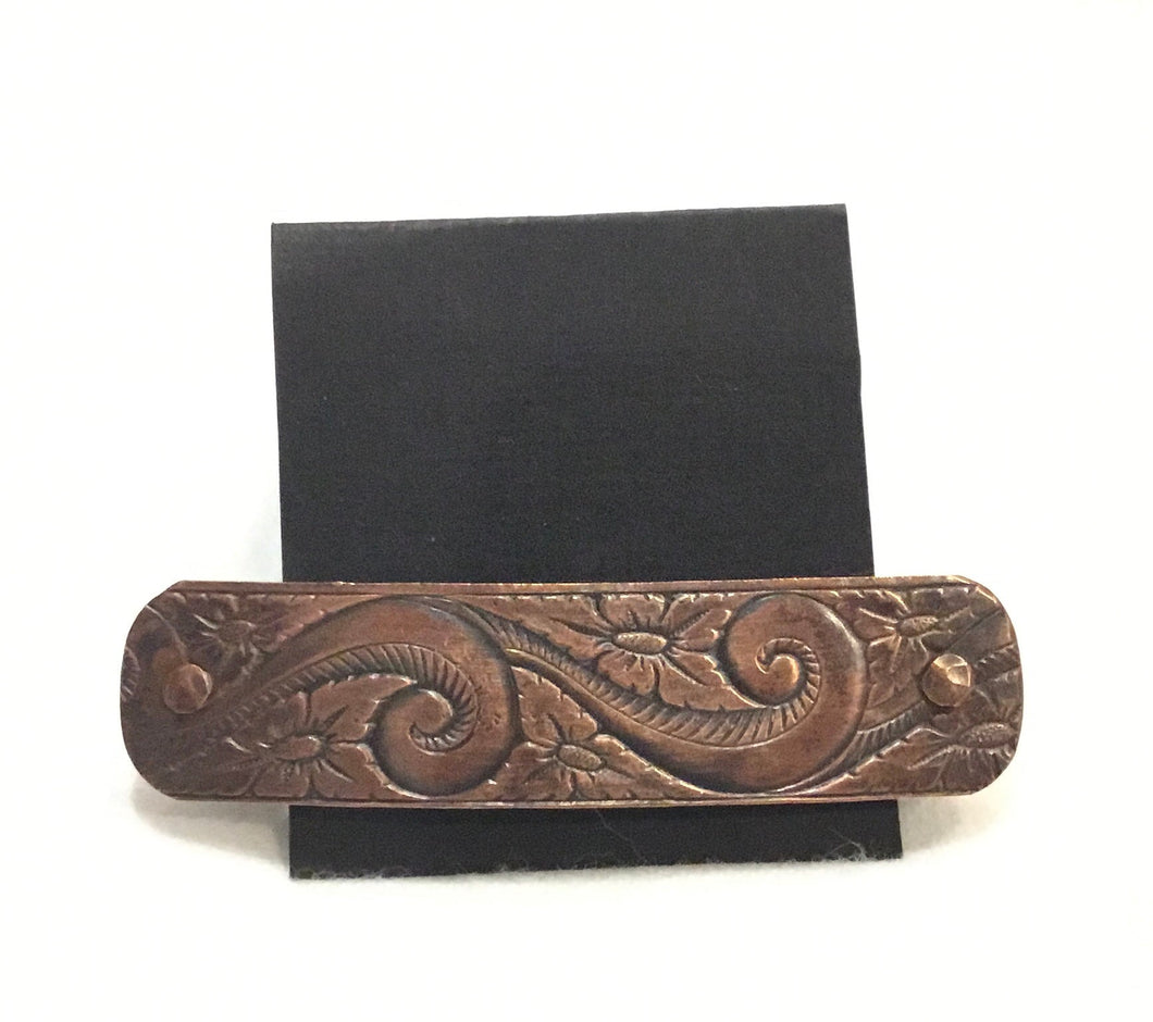 Etched Copper Hair Clip with Curly Qs