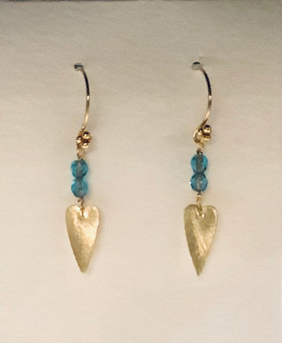 Earrings - French Gold Vermeil Wires with Czech Glass Blue Beads and Gold Plated Hearts